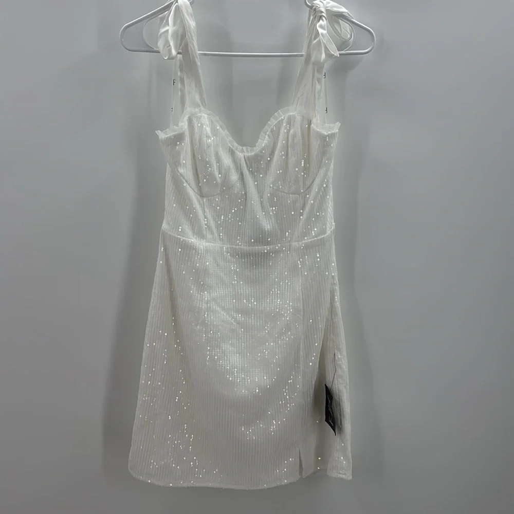 Lulus Glowing Intentions White SEQUIN Bustier Tie-Strap Mini Dress size M NWT - Picture 5 of 16